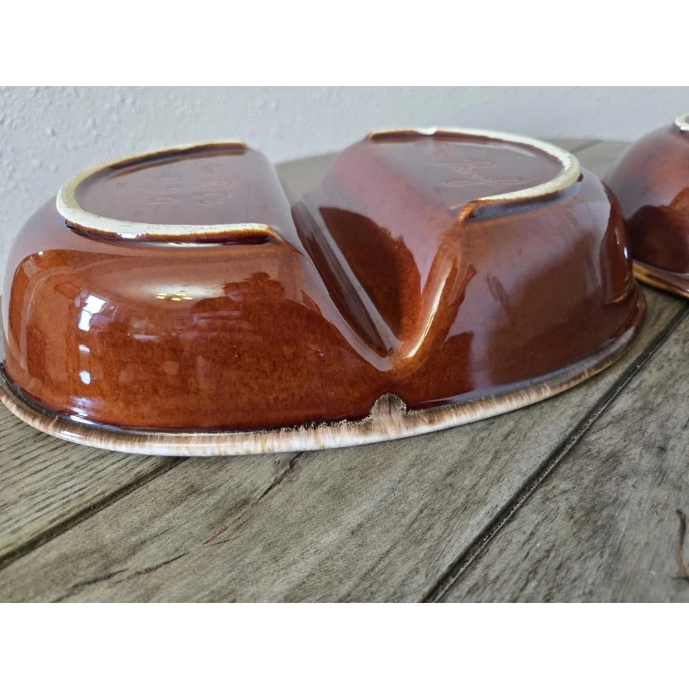 Set Of 2 Divided Oval Serving Dish Hull Oven Proof HP Co. Brown Drip Glaze 11